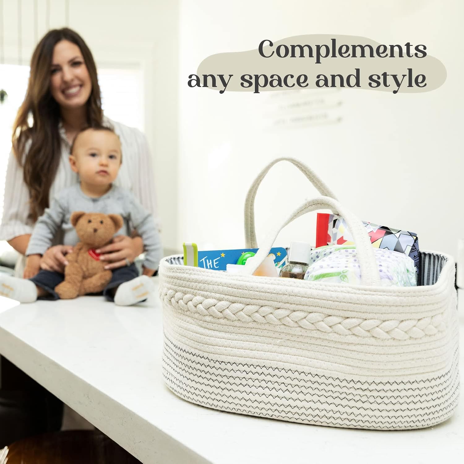 Skiennix Diaper Caddy Organizer - Large Cotton Rope Baby Basket for Nursery & Changing Table (Off White)