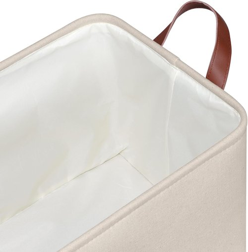 KEEGH Storage Baskets - Fabric Organizing Bins with Leather Handles | 15" L x 11" W x 10" H, Beige, 4 Pack