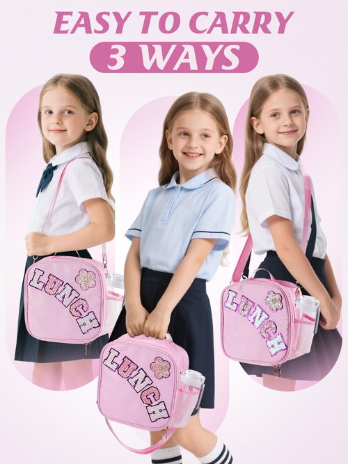 Alphatool Insulated Kids Lunch Bag with Adjustable Strap - Reusable Easy to Clean Lunch Bag for Girls, Hold Kids Lunch Box Snacks Water Bottles for School, Pink