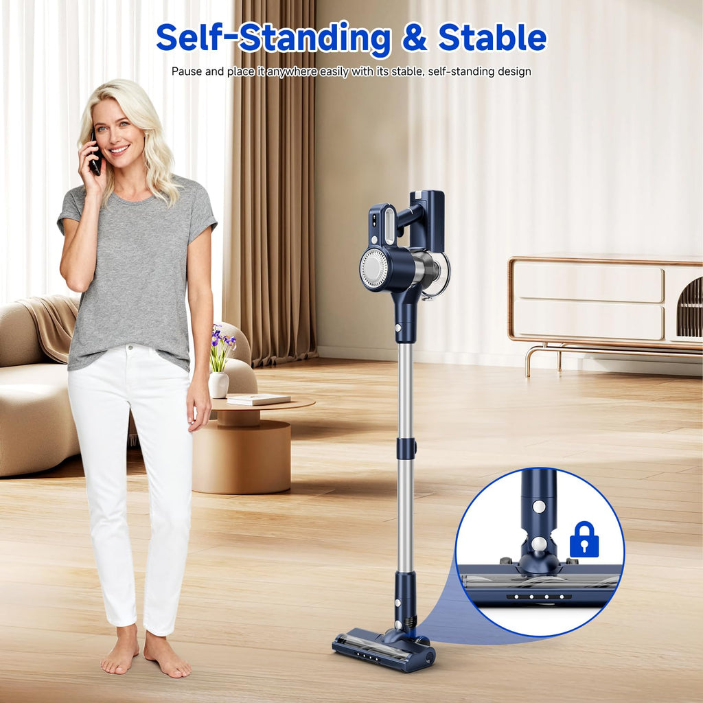 Clinkal Cordless Vacuum Cleaner - 6-in-1 Stick Vacuum with Powerful Suction, Rechargeable, Anti-Tangle Pet Hair Brush, Self-Standing, Green LED Headlight Vacuum for Carpet & Hardwood Floors-Dark Blue