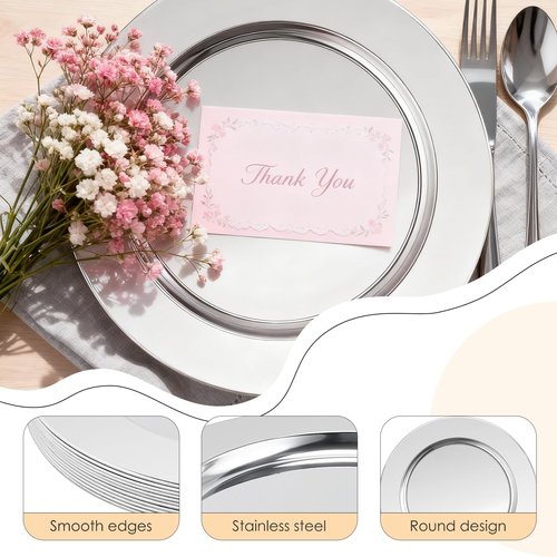 Dyrfolm 12 Pcs Silver Charger Plates, 13 Inch Stainless Steel Charger Plates, Metal Round Dinner Chargers for Dinner Plate, Wedding, Party, Event Decoration
