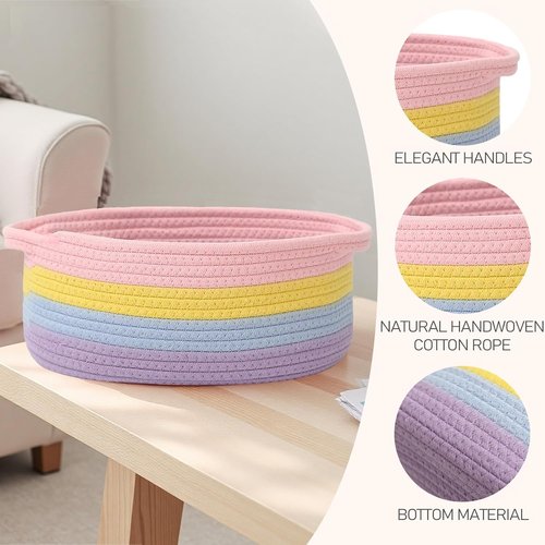 JMvicyroam Woven Storage Baskets - Small Rope Organizer with Handles for Shelves & Closets | 3-Pack Rainbow Gift Baskets
