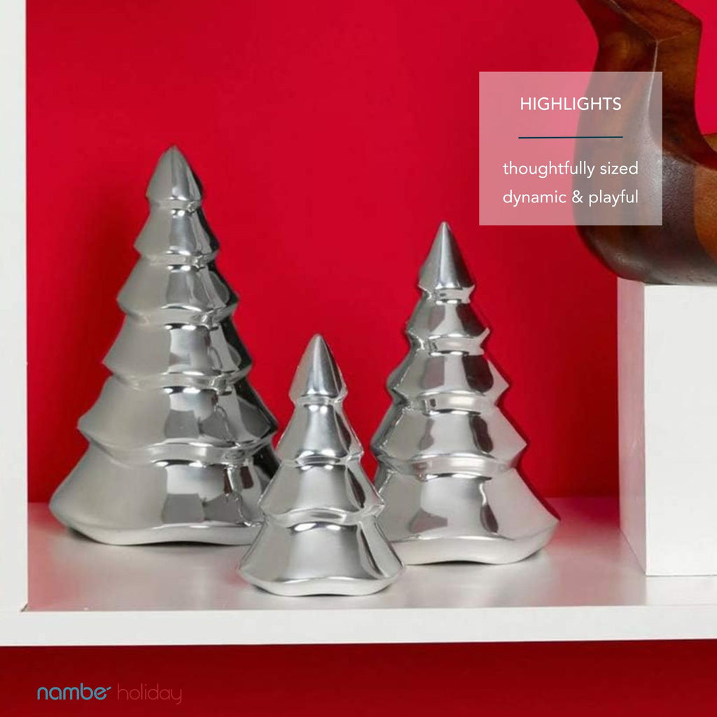 Nambé Holiday Mini Christmas Tree Set – Sculpted Alloy Design with Snowy Accents, Festive Seasonal Decoration for Mantel, Tabletop, or Shelf Display – Three Sizes, Elegant Holiday Collectibles