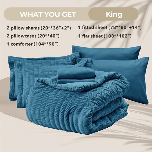 HYMOKEGE King Size Comforter Set - Teal Seersucker 7-Piece Luxury Bedding Set for All Seasons