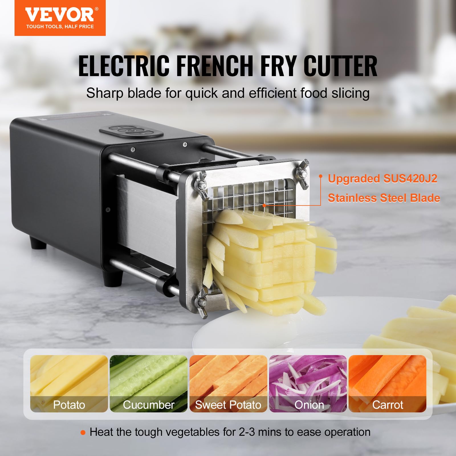 VEVOR Electric French Fry Cutter, Potato Slicer with 1/2-Inch and 3/8-Inch Stainless Steel Blades, Potato Cutter Chopper w/Anti-slip Feet, Great for Potato, French Fries, Cucumber, Vegetables, Carrot