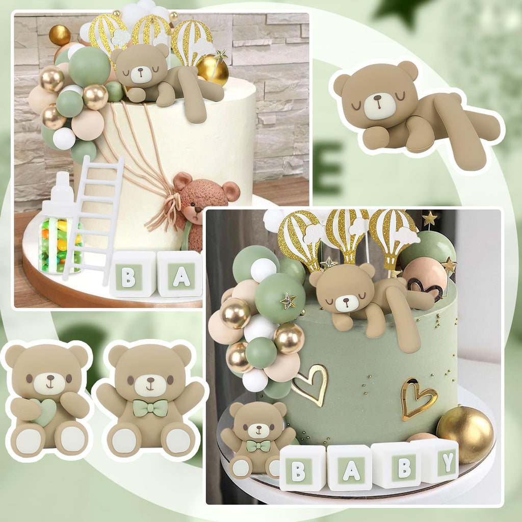 Acmee 44 PCS Green Bear Cake Toppers - Mini 3D Bear BABY Letters Milk Bottle Green Gold Foam Balls Cake Toppers for Boy Girl Birthday Party Baby Shower Cake Decorations