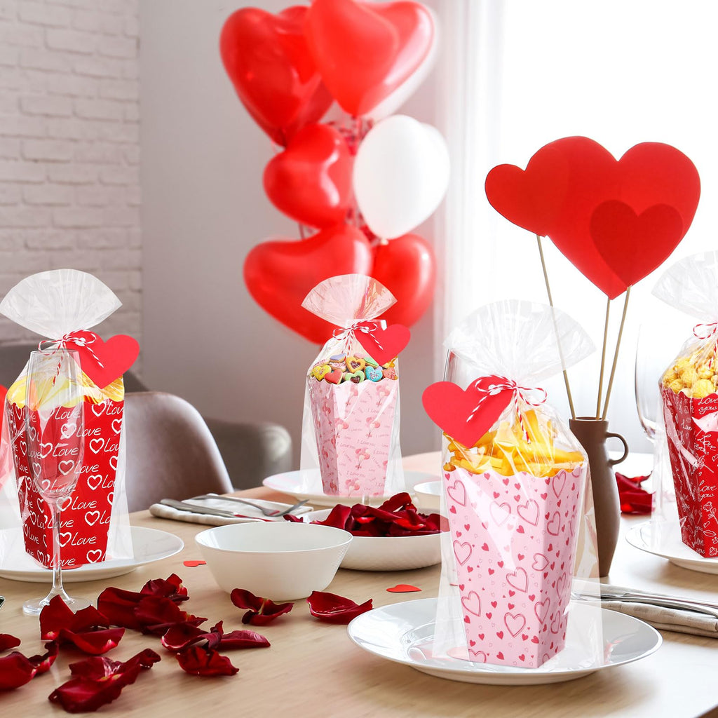 Gueevin 144 Pcs 48 Set Valentine's Day Popcorn Boxes Valentines Party Favor, Valentines Popcorn Boxes Red Pink Heart Cookie Gift Bucket with Bags, Ribbon and Card for Valentine Galentine Home Movie