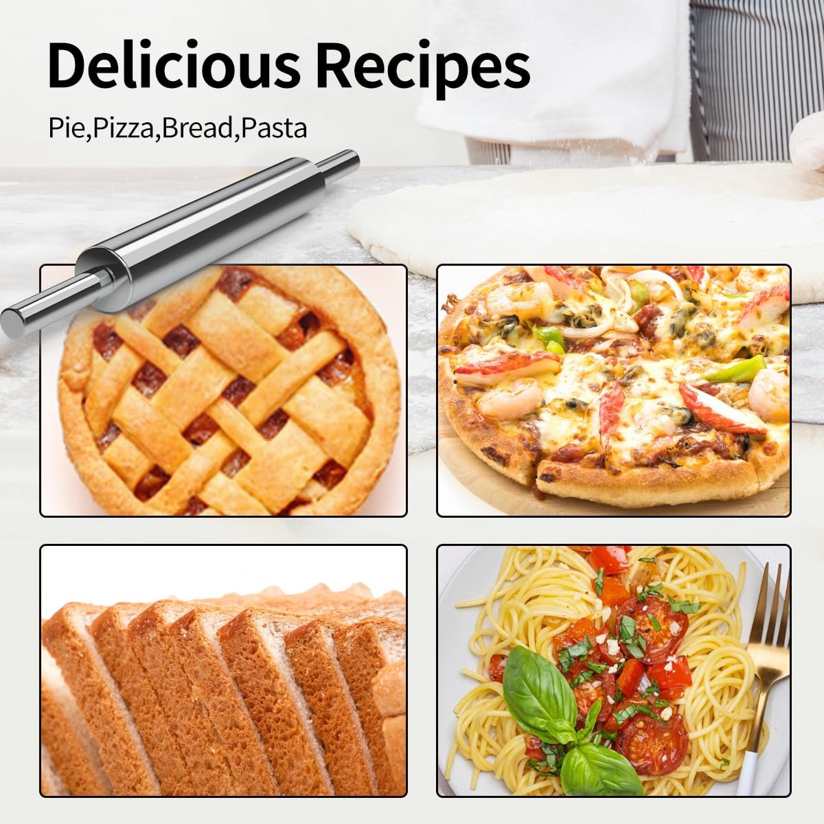 Skiennix 17-Inch Stainless Steel Rolling Pin - Smooth Baking Tool for Pizza, Dough & Cookies