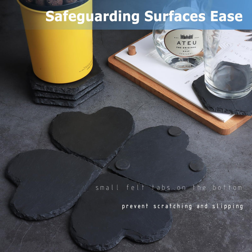Black Heart Nature Stone Coasters Absorbent,Boho Cute Drink Coasters Set of 2, Anti-Scratch Furniture Table Desk Coaster, Cup Mats for Office Bar Kitchen Home Dorm Décor, Protect Wood Grass Surfaces