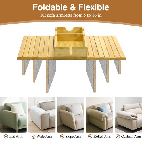 Luxspire Couch Armrest Table, 2-in-1 Magnetic Detachable Sofa Arm Tray with Cup Holder and Phone Holder, Foldable Bamboo Couch Cup Holder for Remote Controls, Phones, Snacks, Cups, Burlywood
