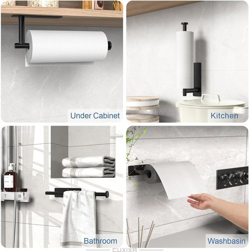 CUXIXA Under Cabinet Paper Towel Holder - 2 Pack Wall Mount with Self-Adhesive & Screws | Stainless Steel, Black