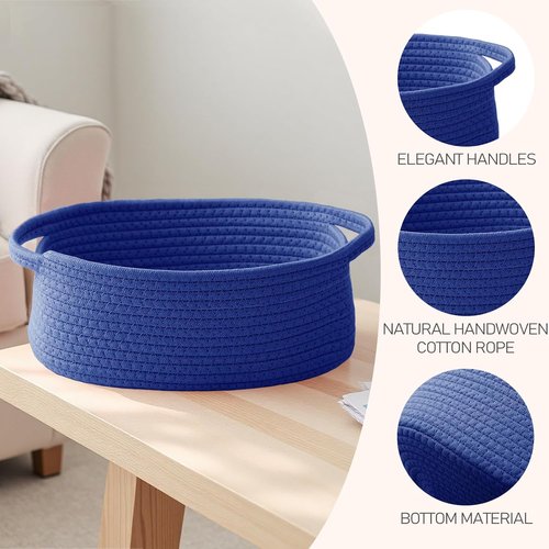JMvicyroam Woven Storage Baskets - Small Rope Bins with Handles for Organizing Shelves | Navy Blue, 2-Pack