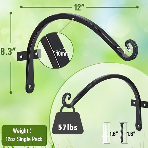 Feed Garden 12-Inch Decorative Hanging Plant Brackets - 2 Pack Wall Hooks for Outdoor Use | Black