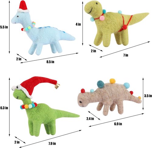 Juegoal Christmas Felt Dinosaur Ornaments - Set of 4 Cute Wool Hanging Decor for Themed Parties