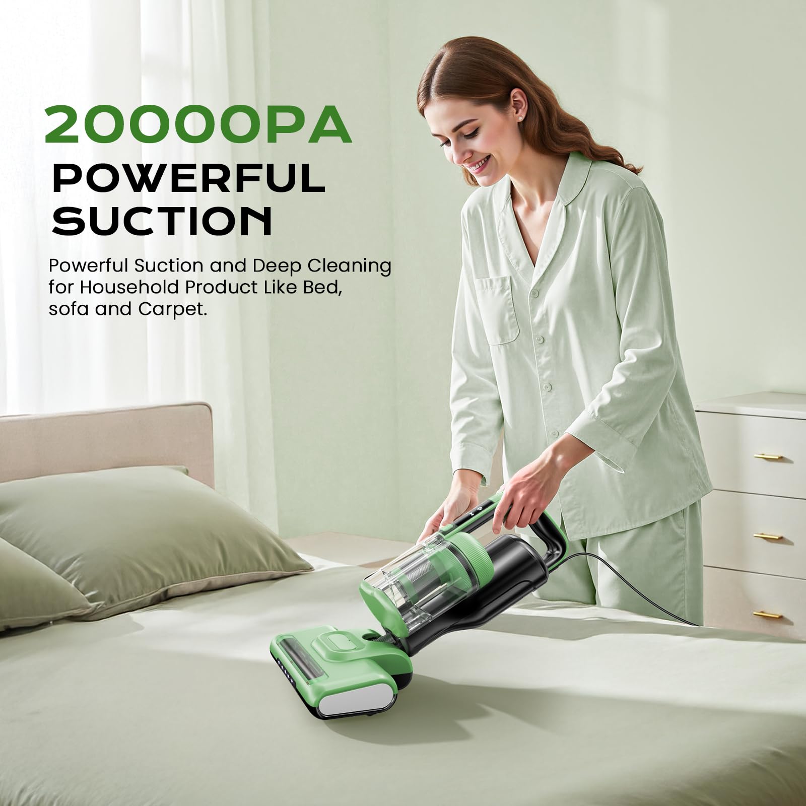 MYUAKO Mattress Vacuum Cleaner with UV-C Light & 140°F Constant Heat, 20Kpa Powerful Suction Bed Vacuum for Pet Hair, Dander Baby Crib, Dual-Cup System with Extra HEPA Filter, Lightweight&16ft Cord