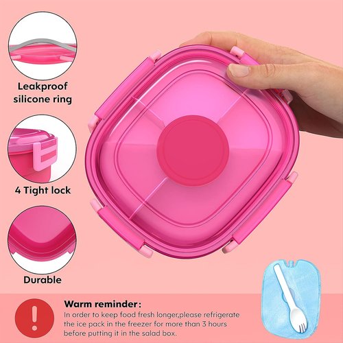 Cherrysea Salad Lunch Container - Leakproof Bento Box with Ice Pack & 4 Compartments | Pink, 1.3L