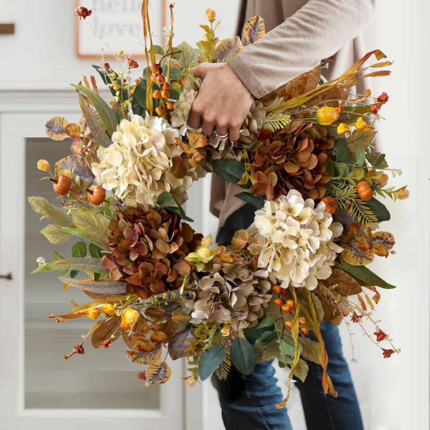WANNA-CUL 24 Inch Fall Wreath - Hydrangea & Pumpkins | Perfect Autumn Decor for Front Door