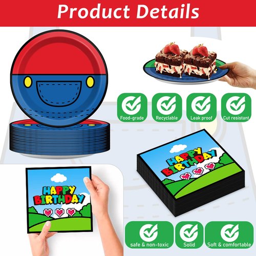 200pcs Super Brother Birthday Party Supplies Super Brother Plates Disposable Paper Tableware Super Bro Plates Napkins with Fork Super Bro Decoration Super Video Games Tableware for Kids Baby Shower
