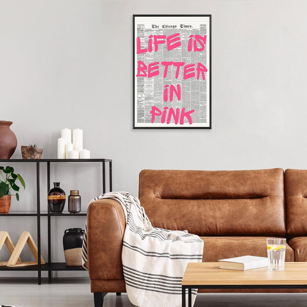Skiennix Pink Wall Art - Retro Newspaper Canvas Poster with Positive Quote | Minimalist 16x24in Decor