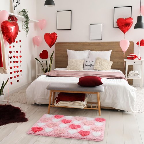 Tioncy Valentine's Day Bathroom Mat Tufted Pink Heart Bath Rug Soft Love Heart Red Pink White Bath Rugs Absorbent Non Slip Washable Mat for Bedroom Bathroom Valentine's Day Decor 16''x 24''