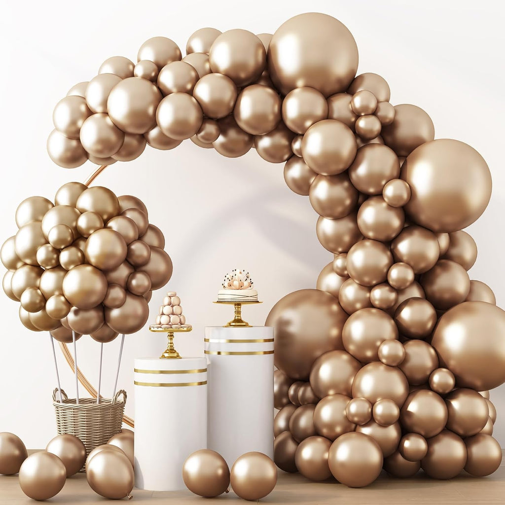 RUBFAC Chrome Gold Balloons - 129-Piece Latex Metallic Balloon Garland Kit for Parties | 5-18 Inch Sizes