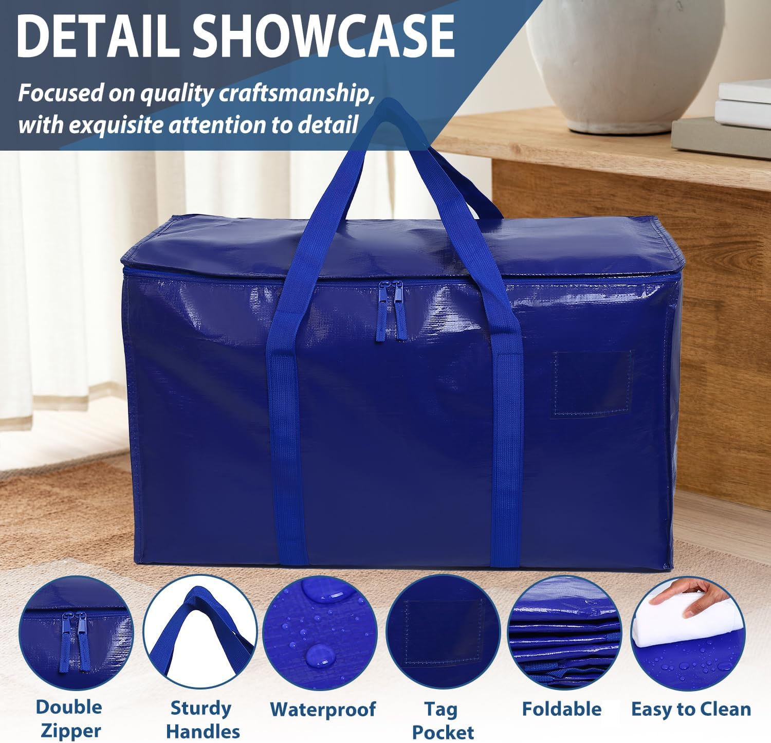 Skiennix Heavy Duty Moving Bags - Extra Large Waterproof Storage Totes with Handles & Zippers | 6 Pack (Blue)