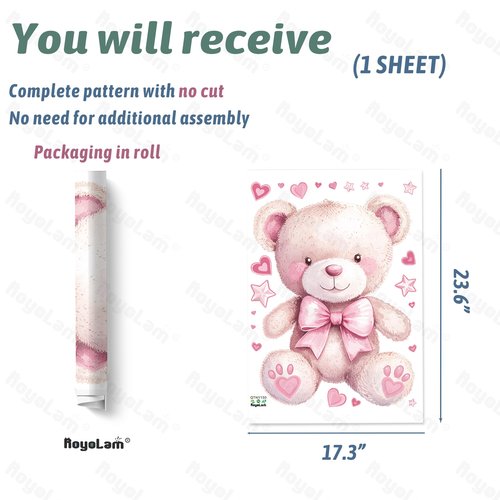 RoyoLam Cute Pink Teddy Bear Doll Wall Stickers Nursery Wall Decals for Kid Girl Baby Removable Peel and Stick Wall Art Home Decor Decoration for Classroom Preschool Living Room Bedroom