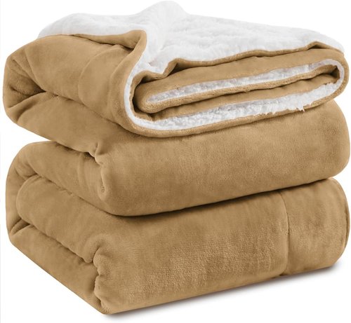 KAWAHOME Sherpa Fleece Blanket - Extra Warm Queen Size 90" x 90" | Super Soft 500GSM Camel Color