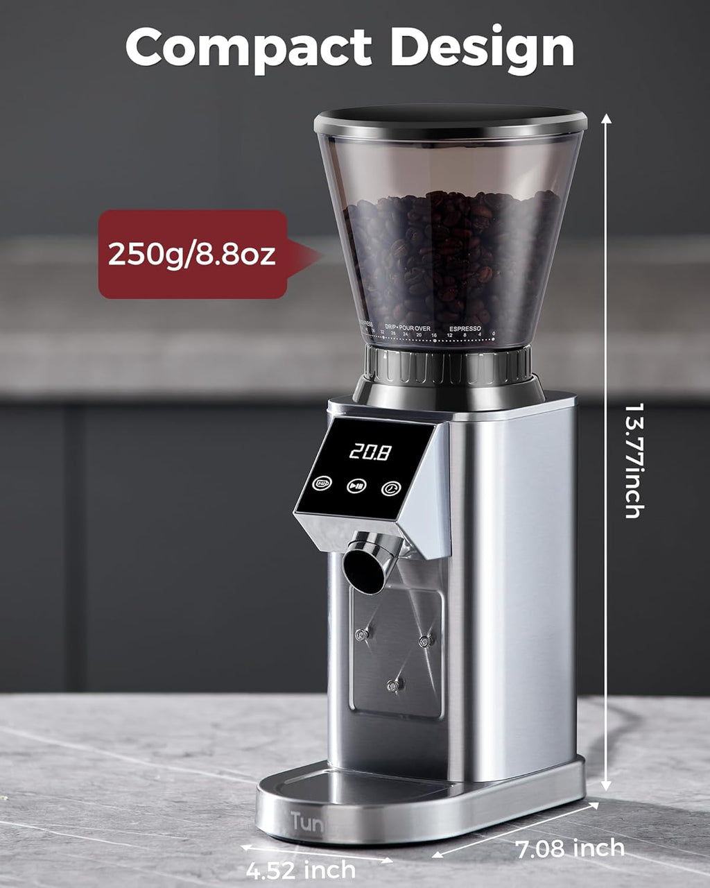 Tuni G1 Coffee Grinder - Precision Conical Burr Mill with 48 Grind Settings & LED Touchscreen - Stainless Steel Silver