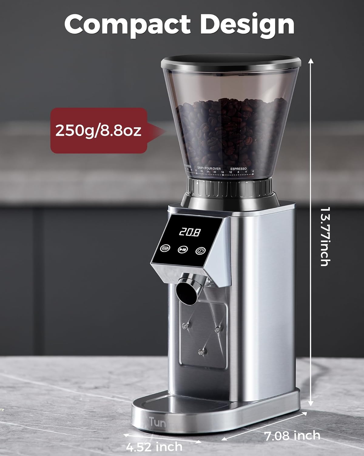 Tuni G1 Coffee Grinder - Precision Conical Burr Mill with 48 Grind Settings & LED Touchscreen - Stainless Steel Silver