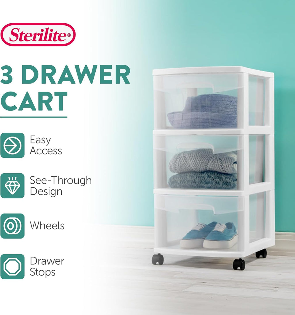 Sterilite 4 Pack Plastic Storage Organizer - 3 Drawer Rolling Bin Cart for Closet Organization | White