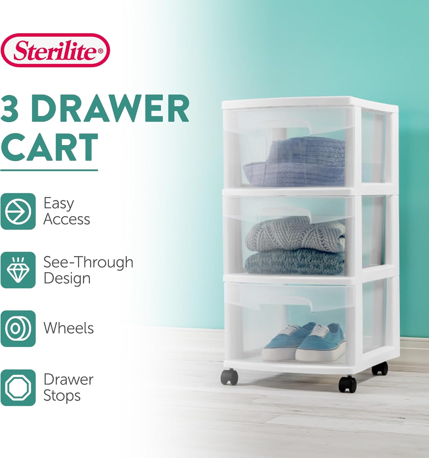Sterilite 4 Pack Plastic Storage Organizer - 3 Drawer Rolling Bin Cart for Closet Organization | White
