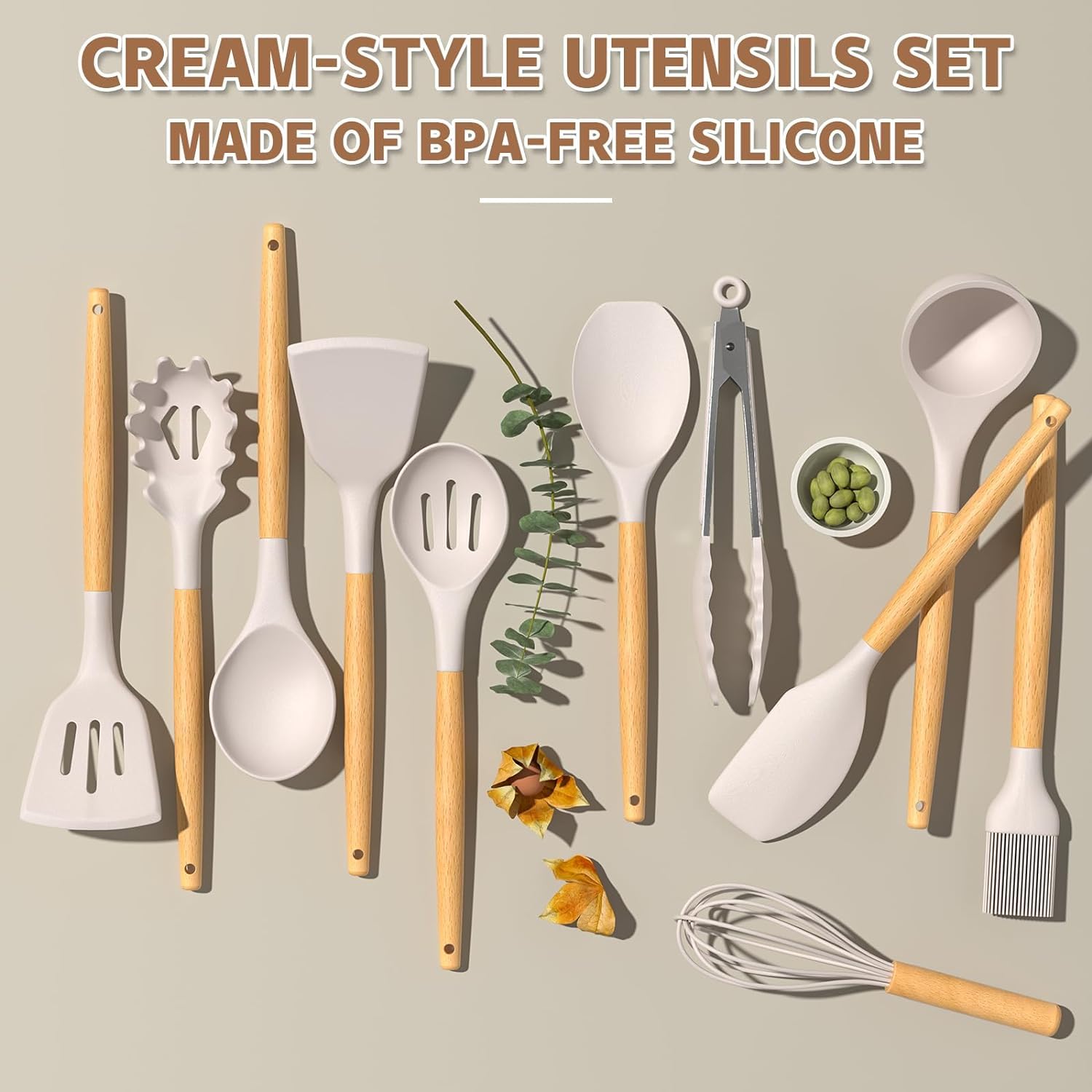 Umite Chef 33-Piece Non-Stick Silicone Cooking Utensils Set - Wooden Handle & Holder (Khaki)