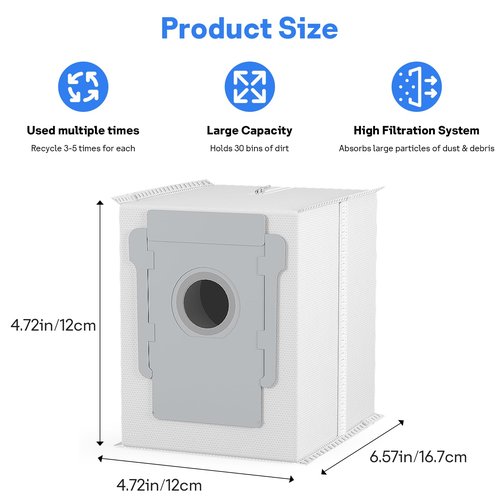 6 Pack Reusable Vacuum Bags for iRobot Roomba i & s & j Series, i7, i7+, i3, i3+, i4, i4+, i6, i6+, j7, j7+, i8, i8+, s9, s9+, Vacuum Replacement Bags for Clean Base Automatic Dirt Disposal