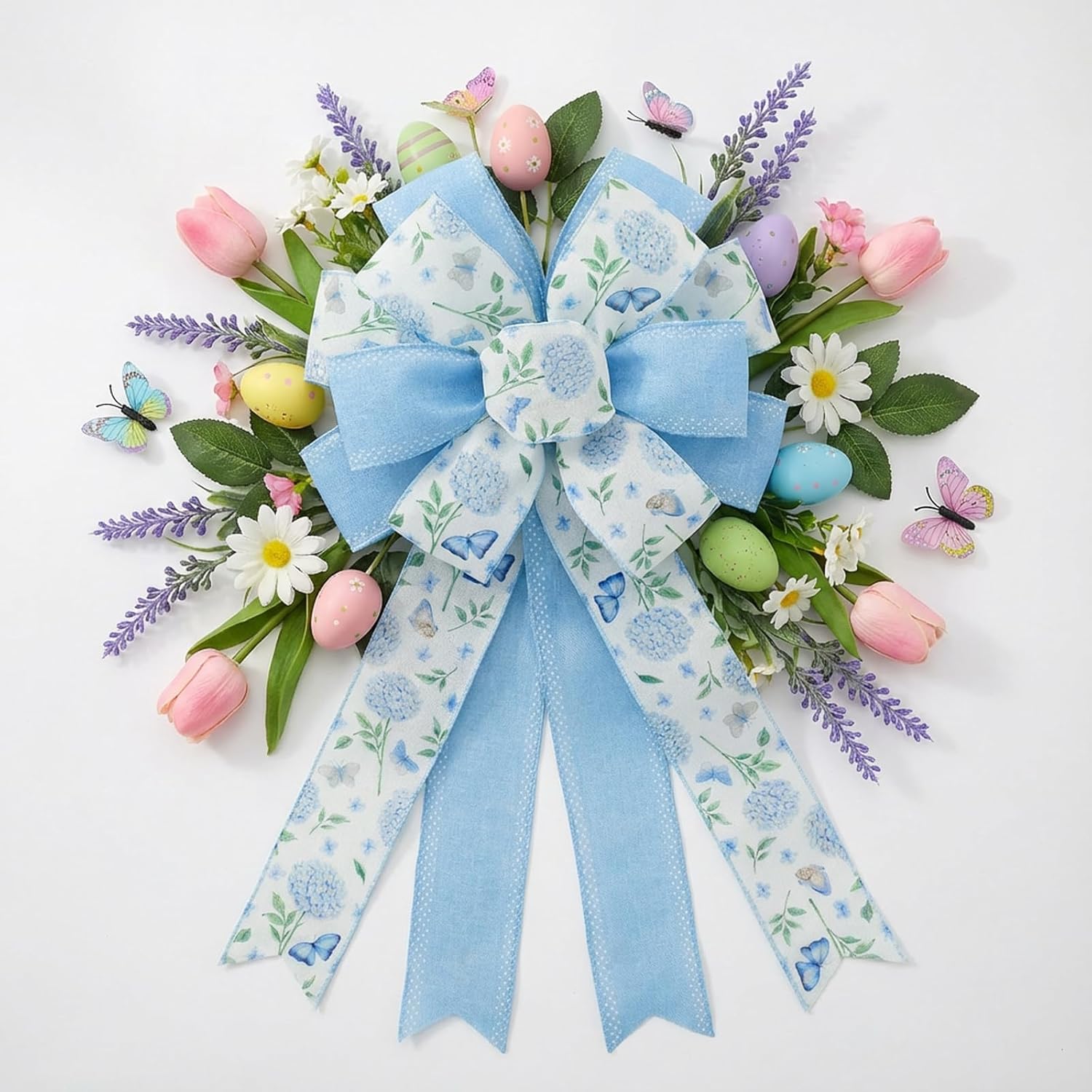 Skiennix 20.87-Inch Large Spring Bows - Blue Hydrangea & Butterfly Burlap Ribbon for Easter Decor | Indoor/Outdoor Use