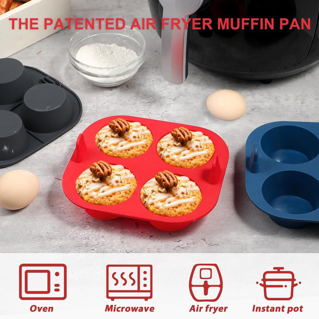 Webake Silicone Air Fryer Muffin Pan - 3PCS Nonstick BPA-Free Egg Bites Mold | 4 Cavity Design