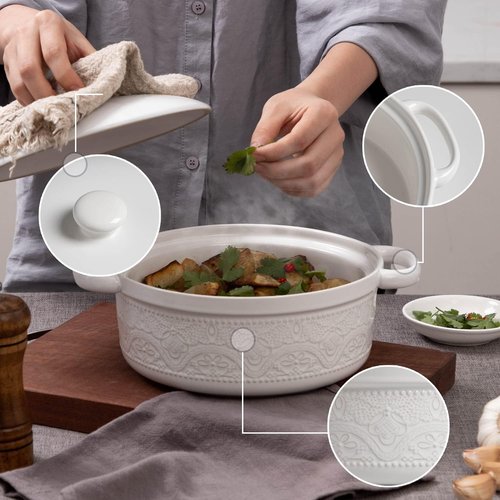 Fun Elements Casserole Dish - 2 Quart Lace Embossed Ceramic with Lid | Oven-to-Table Serving for Holidays