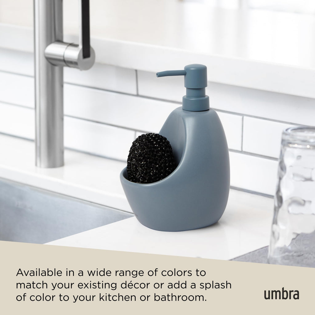 Umbra Joey Ceramic Liquid Soap Dispenser with Sponge Caddy, Ideal for Kitchen or Bathroom Use, Slate Blue