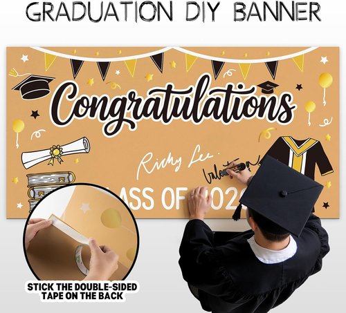 2026 Graduation Decorations | Black and Gold DIY Banner - 61 x 32 Inch Congrats Photo Backdrop