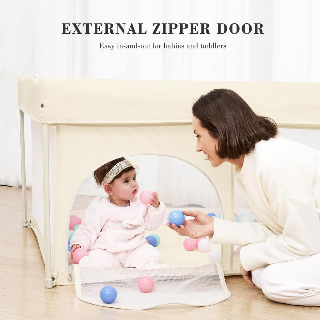 Regine Switzerland Foldable Baby Playpen - Portable 50" x 50" Play Yard with Breathable Mesh & ASTM F406 Certified (Beige)