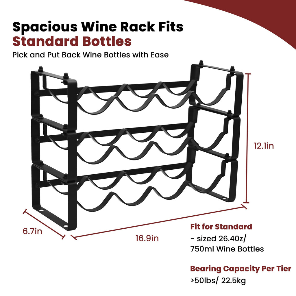 STAEVER Black Wine Rack for 12 Bottles – Stackable & Expandable Metal Wine Bottle Holder for Bar Counter, Cabinet, Pantry, or Small Spaces – Modern Freestanding Wine Storage Shelf (3 Tier, Black)