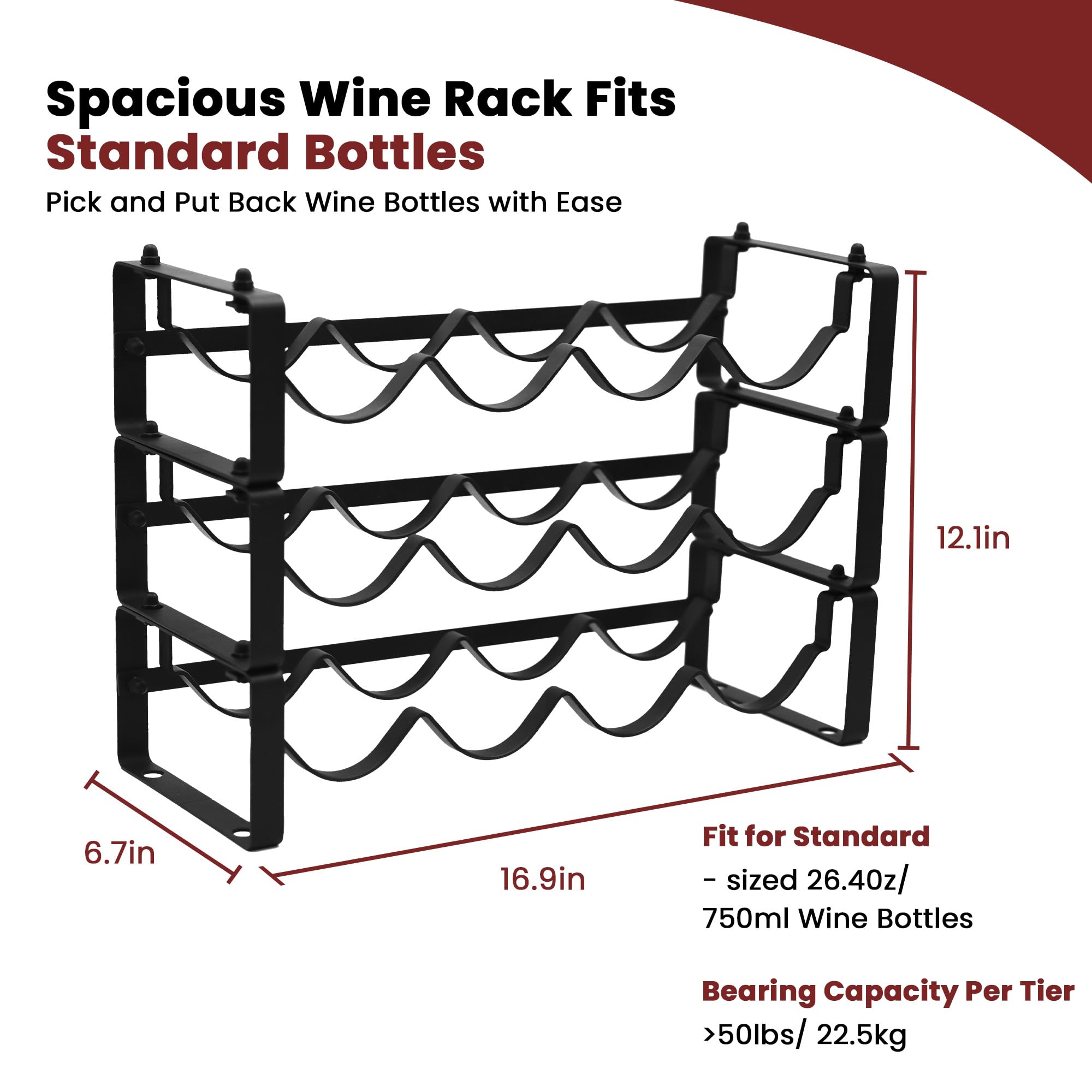 STAEVER Black Wine Rack for 12 Bottles – Stackable & Expandable Metal Wine Bottle Holder for Bar Counter, Cabinet, Pantry, or Small Spaces – Modern Freestanding Wine Storage Shelf (3 Tier, Black)