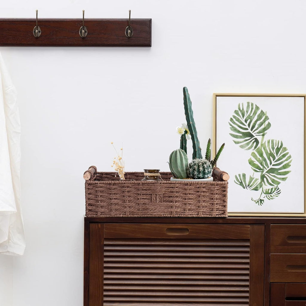 Round Paper Rope Storage Basket by [Brand Name] - Stylish Wicker Organizer with Handle | Brown Small Set for Countertop & Toilet Paper