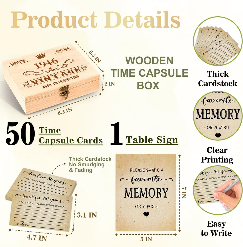 QUPT 80th Birthday Memory Box Set - Share Memories with 50 Cards | Unique 1946 Gifts for Him & Her