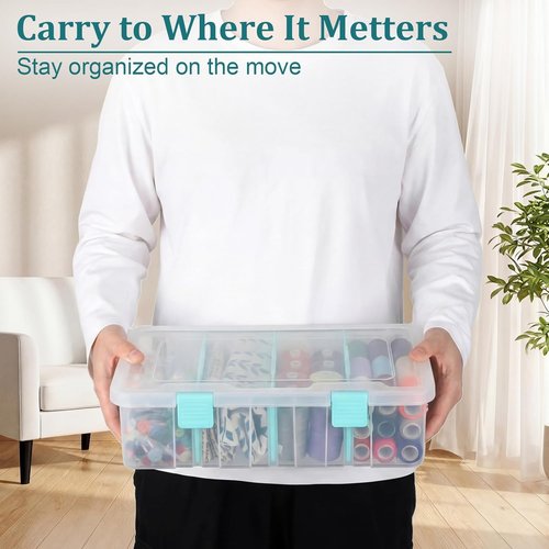 BTSKY Clear Plastic Storage Box - Adjustable 4-Compartment Organizer with Lid | 13.3x8.1x3.4 Inches