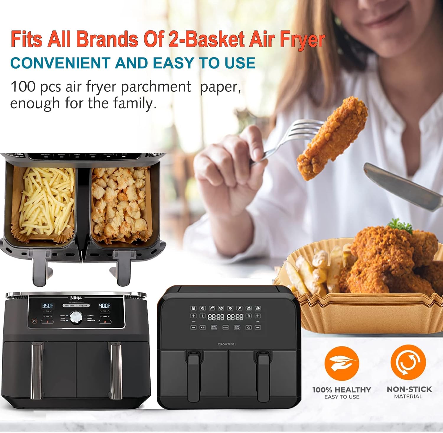 Ninja Foodi Air Fryer Liner - Rectangular Parchment Paper for 8QT & 10QT Baskets | 125-Pack