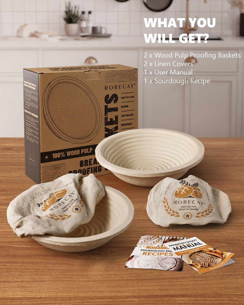 Wood Pulp Banneton Bread Proofing Baskets - Set of 2, 9-Inch Round Sourdough Baskets with Liner
