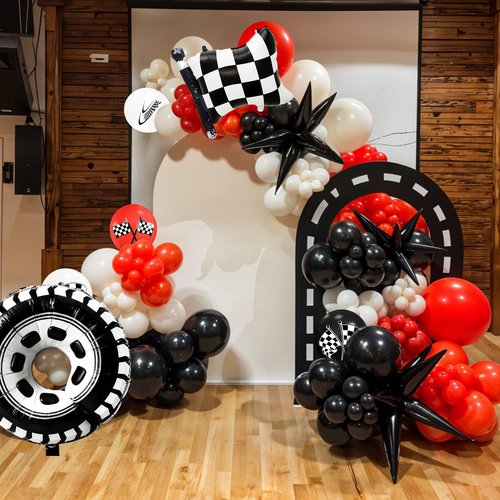 Race Car Balloons with Checkered Flag and Tire Balloons, Red Black White Latex Balloons for Men Boy First Birthday Racing Theme Party Decorations Baby Shower Backdrop Supplies