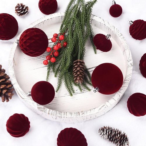 Celltestria Velvet Christmas Balls - 28PCS Shatterproof Burgundy Ornaments for Holiday Decor | Winter Tree Decorations