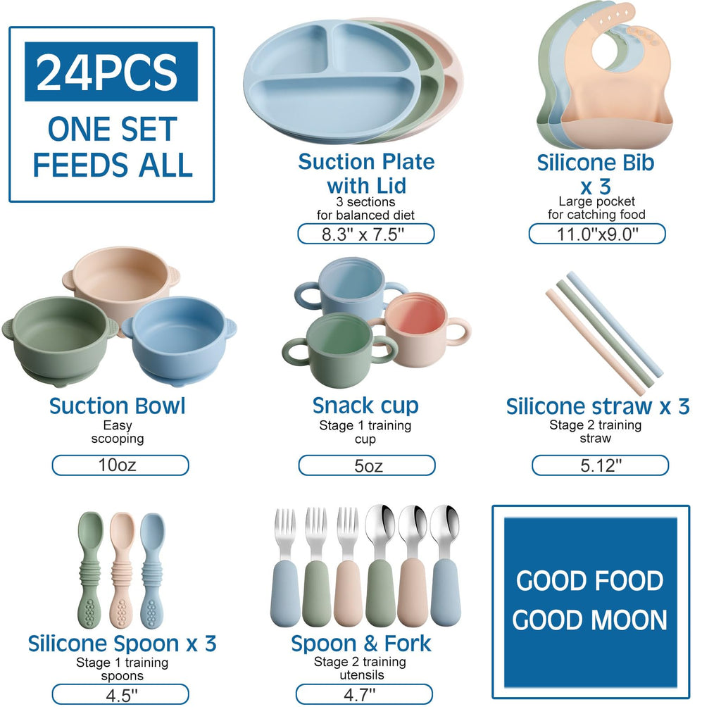 24 Pack Silicone Baby Feeding Set Baby LED Weaning Supplies Includes Suction Divided Plates Soft Bowl Spoons Forks Adjustable Bib Snack Cup and Straws(Gray Blue, Army Green, Beige)